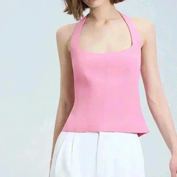 Pink Casual Women's Solid Color Summer Halter Neck Backless Tank Top - Picture 4 of 6